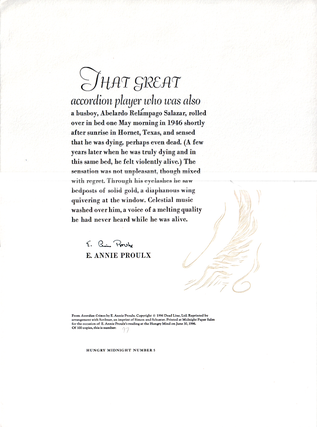 Item #00537681 That Great Accordion Player Who Was Also a Busboy...[Broadside]. E. Annie Proulx