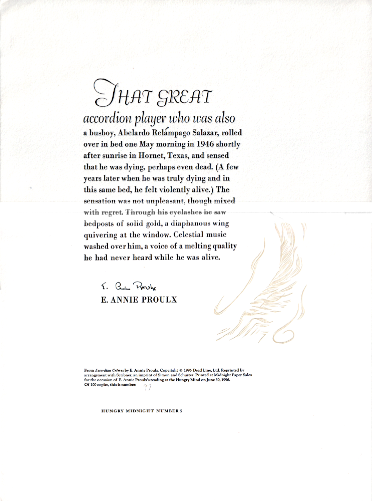 Item #00537681 That Great Accordion Player Who Was Also a Busboy...[Broadside]. E. Annie Proulx.