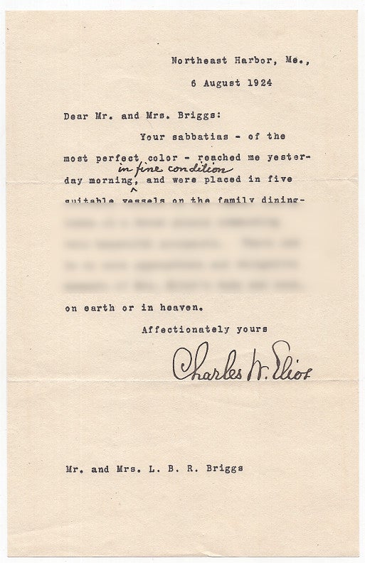 Item #005490719 Typed Letter Signed from Charles W. Eliot to LeBaron Russell Briggs on the Death of Eliot's Wife. Charles W. Eliot.