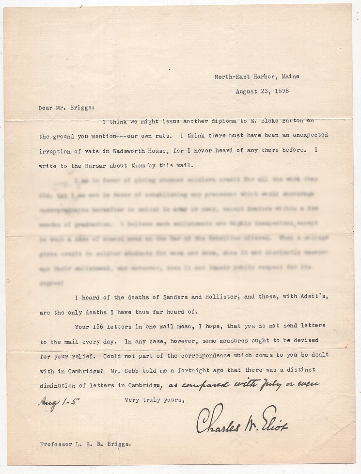 Item #005490720 Typed Letter Signed from Charles W. Eliot to LeBaron Russell Briggs: Discussing a Diploma Eaten By Rats. Charles W. Eliot.