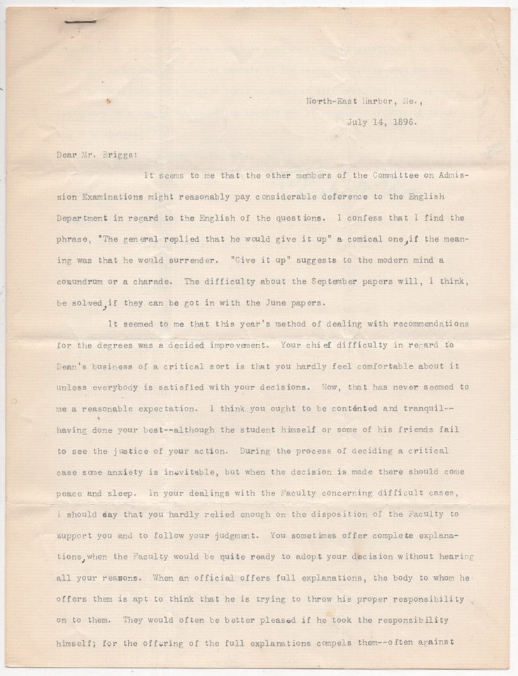 Item #005490721 Typed Letter Signed from Charles W. Eliot to LeBaron Russell Briggs on Leadership and Poor English in Harvard's Admission Examinations. Charles W. Eliot.
