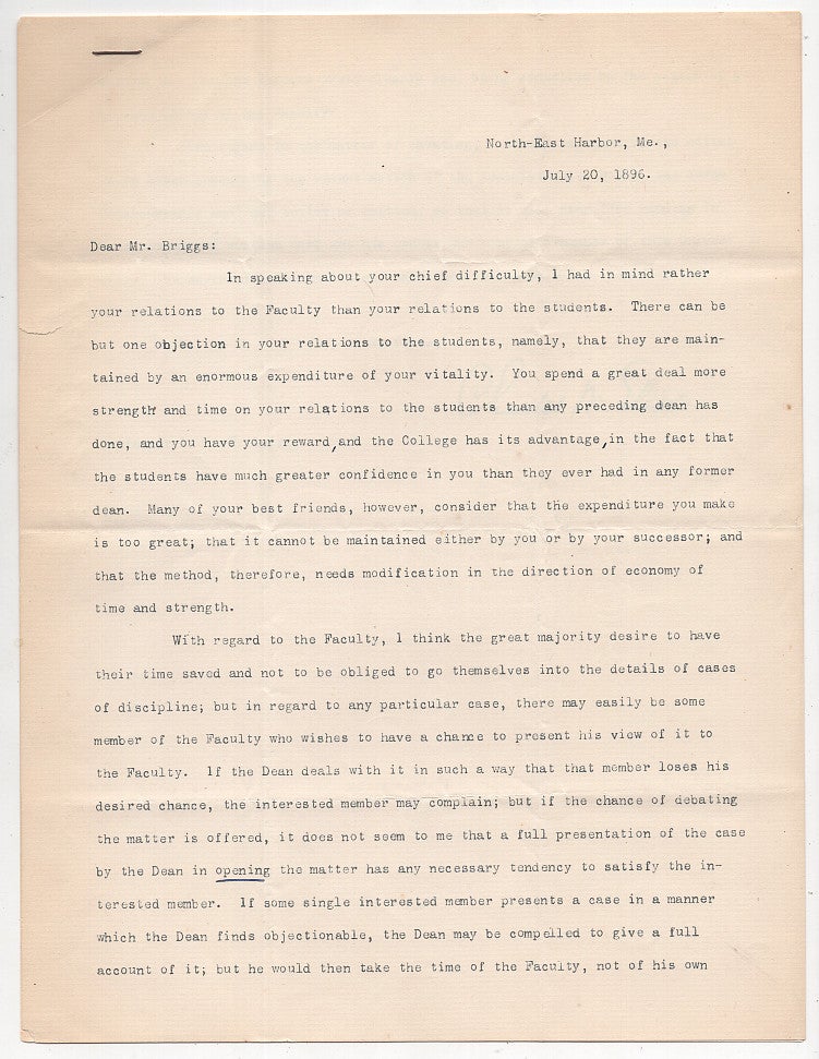 Item #005490722 Typed Letter Signed from Charles W. Eliot to LeBaron Russell Briggs: On Leadership. Charles W. Eliot.