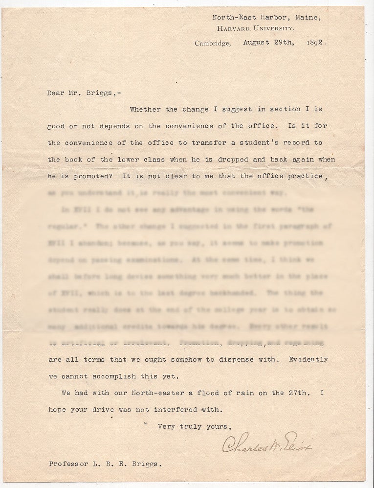Item #005490725 Typed Letter Signed from Charles W. Eliot to LeBaron Russell Briggs About Class Standing. Charles W. Eliot.