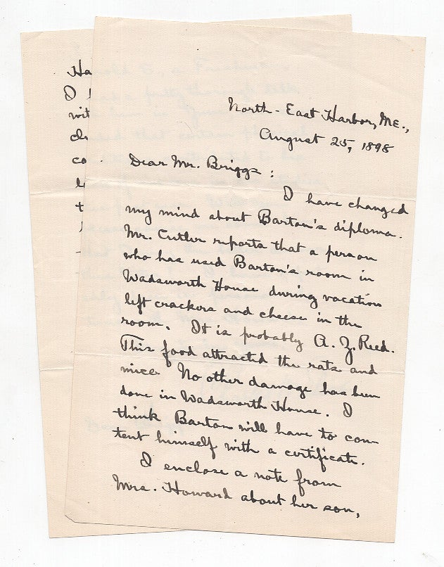 Item #005490726 ALS from Charles W. Eliot to LeBaron Russell Briggs Discussing a Diploma Eaten By Rats. Charles W. Eliot.