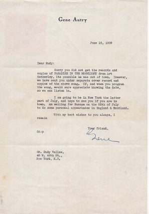 Item #005492600 Typed Letter Signed on Letterhead to Rudy Vallee. June 15, 1939. Gene Autry