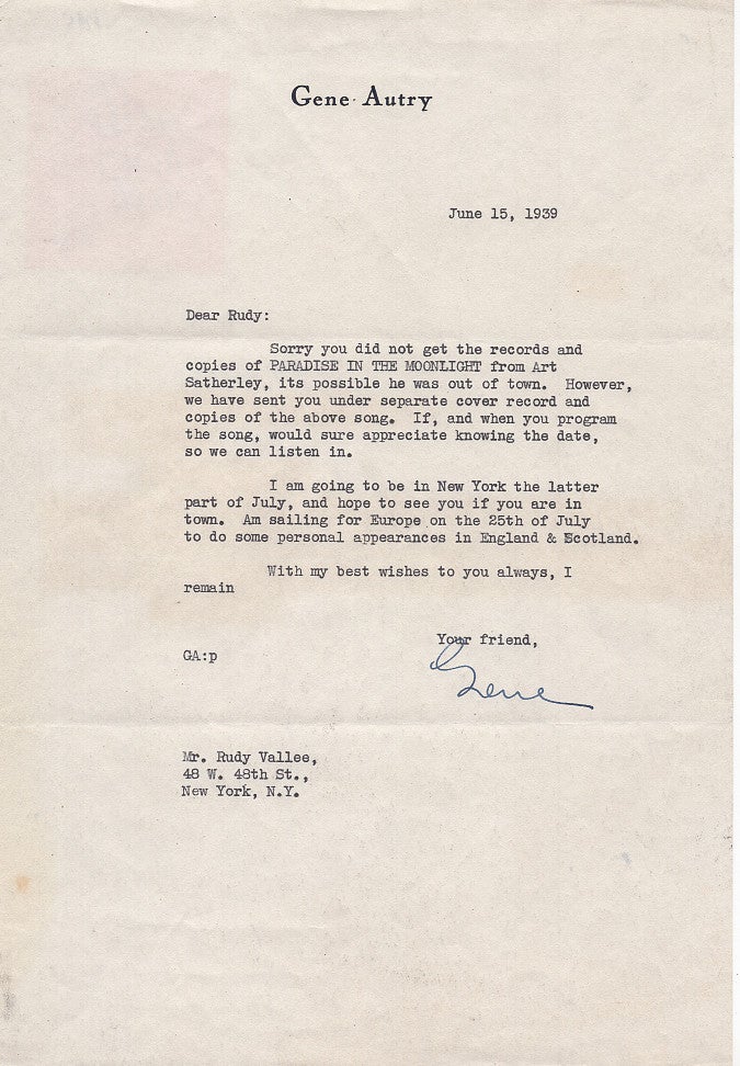 Item #005492600 Typed Letter Signed on Letterhead to Rudy Vallee. June 15, 1939. Gene Autry.