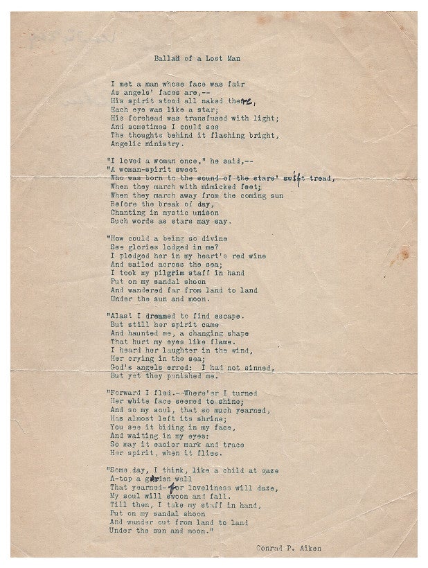 Item #005492684 Ballad of a Lost Man. Typed Manuscript Poem. Conrad Aiken.