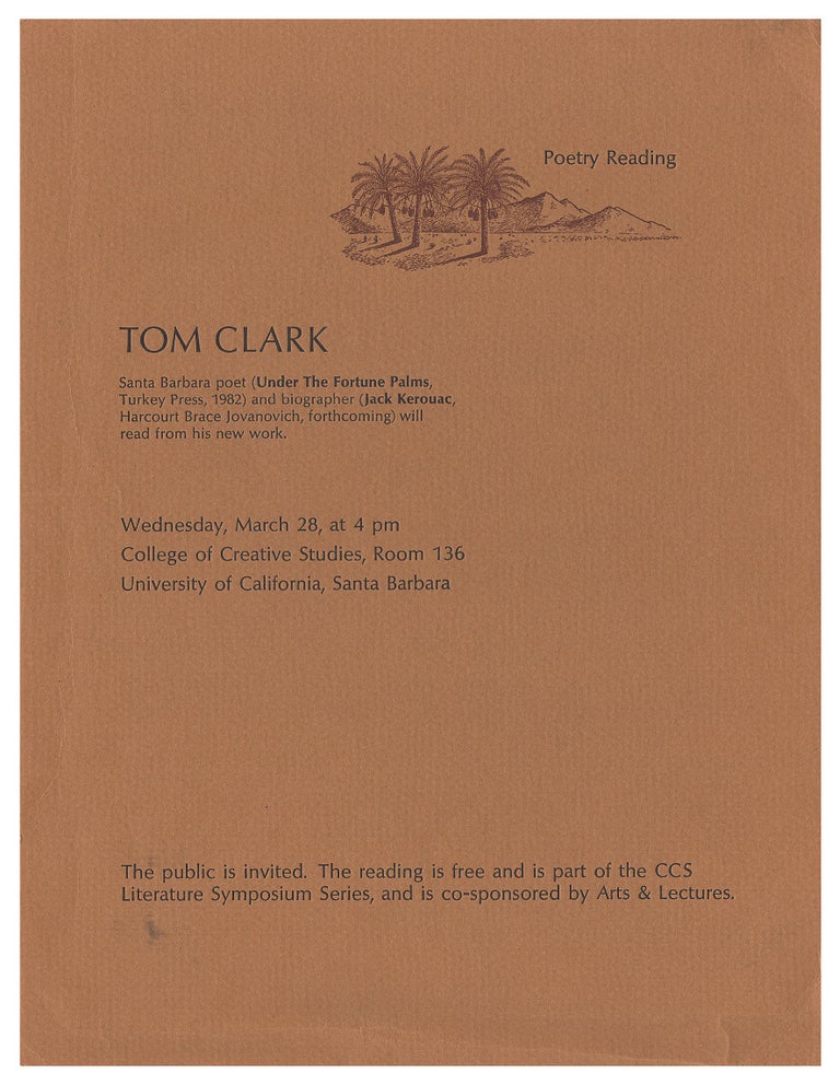 Item #005492812 Tom Clark: Poetry Reading Wednesday, March 28. Tom Clark, Turkey Press.