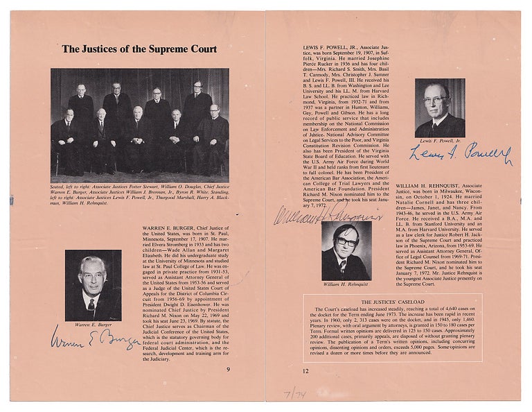 Item #005509266 The Justices of the Supreme Court; Complete Autographs of the Burger Court from the Watergate Era, 1974. Supreme Court of the United States, Warren E. Burger, William H. Rehnquist, Lewis F. Powell Jr., William J. Brennan Jr., William O. Douglas, Thurgood Marshall, Byron R. White, Harry Blackmun, Potter Stewart, Burger Court.