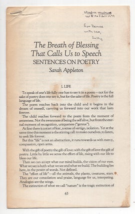 Item #005519469 The Breath of Blessing That Calls Us to Speech: Sentences on Poetry. Sarah Appleton