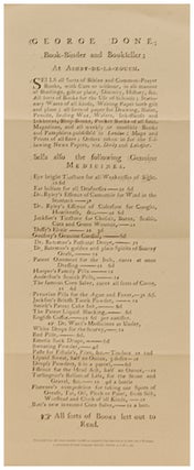 Item #601687 GEORGE DONE; Book-Binder and Bookseller At Ashby-De-La-Zouch [Broadside]. Book Club...