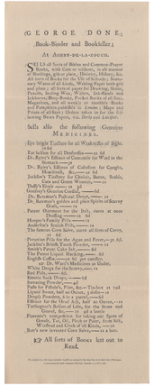 GEORGE DONE; Book-Binder and Bookseller At Ashby-De-La-Zouch [Broadside]