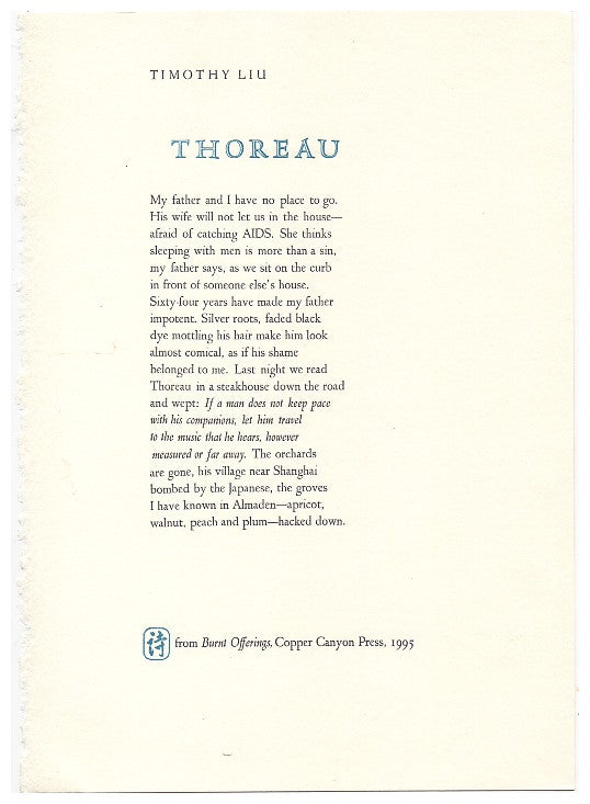 Item #606571 Thoreau [Broadside]. Timothy Liu.