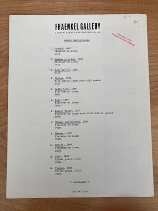 Item #609899 Robert Mapplethorpe: Platinum Prints - Fraenkel Gallery. Gallery Price List & Promo...