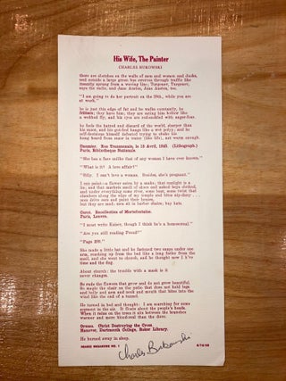 Item #615683 His Wife, The Painter (Hearse Broadside No. 1). Charles Bukowski