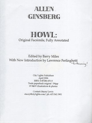 Item #615997 Howl: Original Facsimile, Fully Annotated. Allen Ginsberg, Barry Miles, Lawrence...