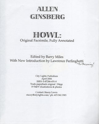 Item #615997 Howl: Original Facsimile, Fully Annotated. Allen Ginsberg, Barry Miles, Lawrence...