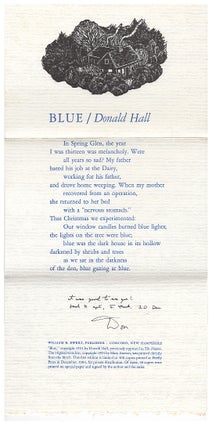 Item #624400 Blue [Broadside]. Donald Hall