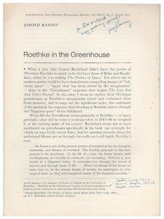 Item #629260 Roethke In The Greenhouse (Offprint). Jarold Ramsey