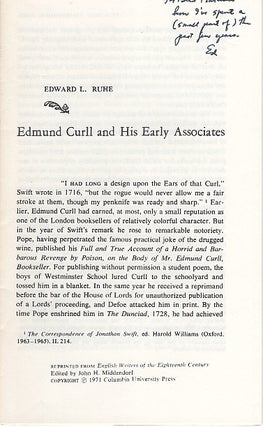 Item #629365 Edmund Curll and His Early Associates. Edward L. Ruhe