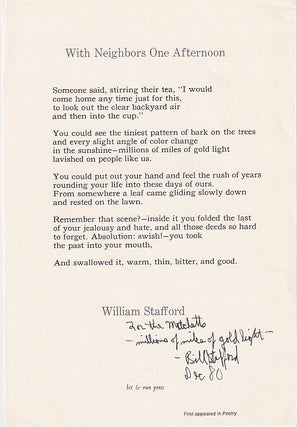 Item #630345 With Neighbors One Afternoon [Broadside]. William Stafford