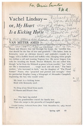 Item #630782 Vachel Lindsay--Or, My Heart Is A Kicking Horse. Van Meter Ames