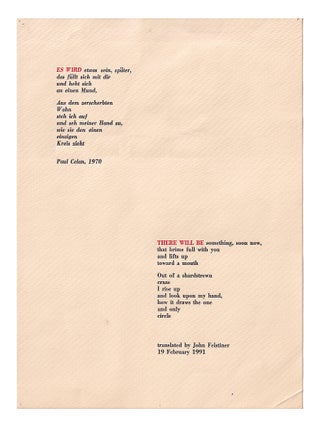 Item #648540 Es Wird / There Will Be. Paul Celan