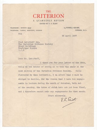 T. S. Eliot Typed Letter To Noted Theologian Paul Levertoff 23 Aril, 1937. T. S. Eliot Eliot.