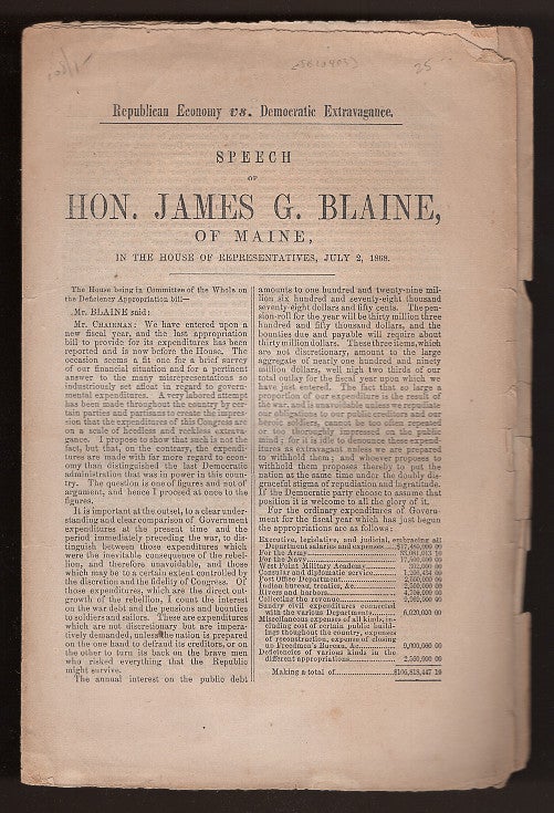 Item #L010403 Republican Economy vs. Democratic Extravagance: Speech of Hon. James G. Bla ine. James Gillespie Blaine.