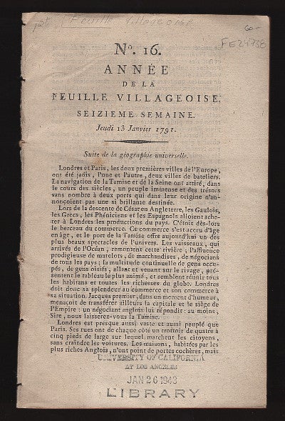 Item #L024738 No. 16: Annee de la Feuille Villageoise: Seizieme Semaine: Jeudi 13 Janvier 1791. Feuille Villageoise.