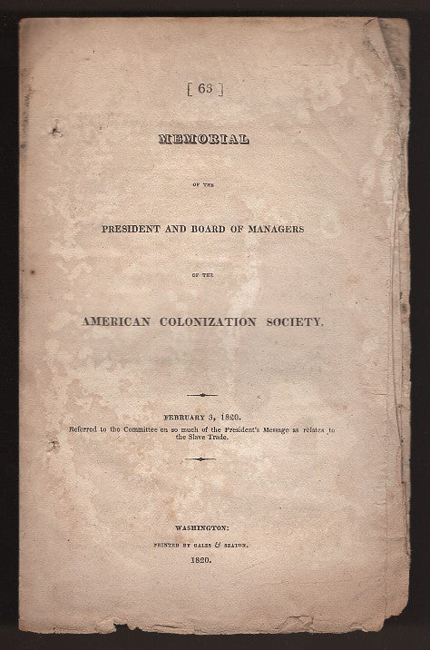 Item #L059907 Memorial of the President and Board of Managers of the American Colonization Society. American Colonization Society, United States. Congress.